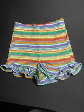 SHEIN Rainbow Striped Ruffle Hem High Waist Shorts